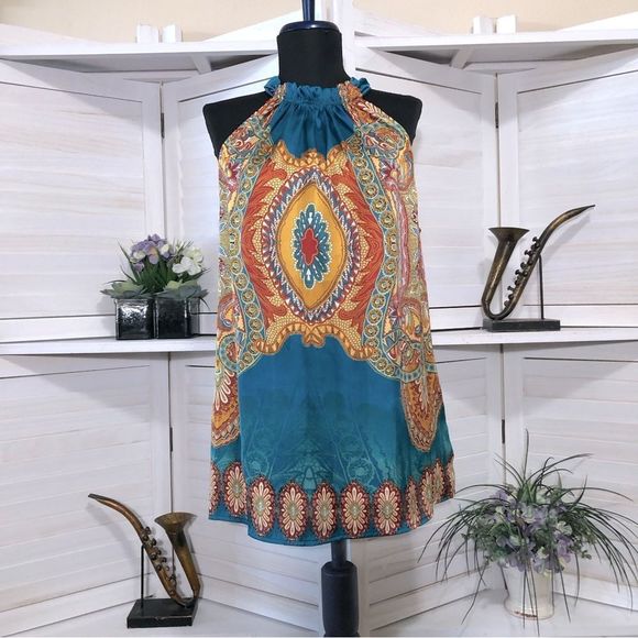 max Tops - Vintage Y2K 70s style boho paisley teal blue orange halter blouse tunic sz M